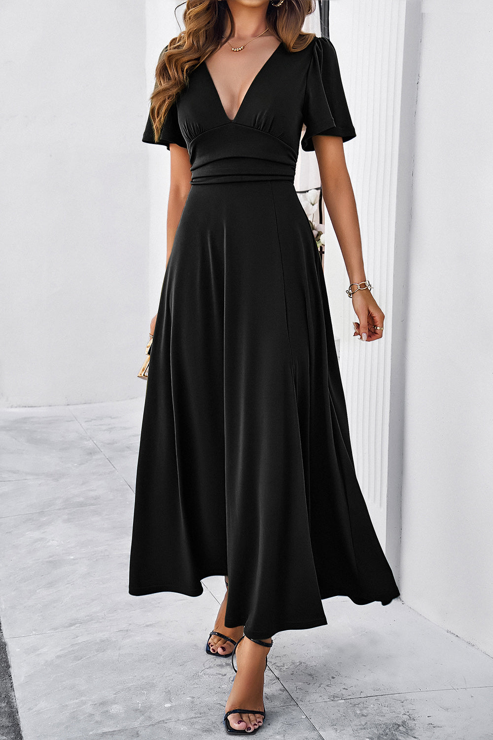 Slit V-Neck Short Sleeve Dress - store name